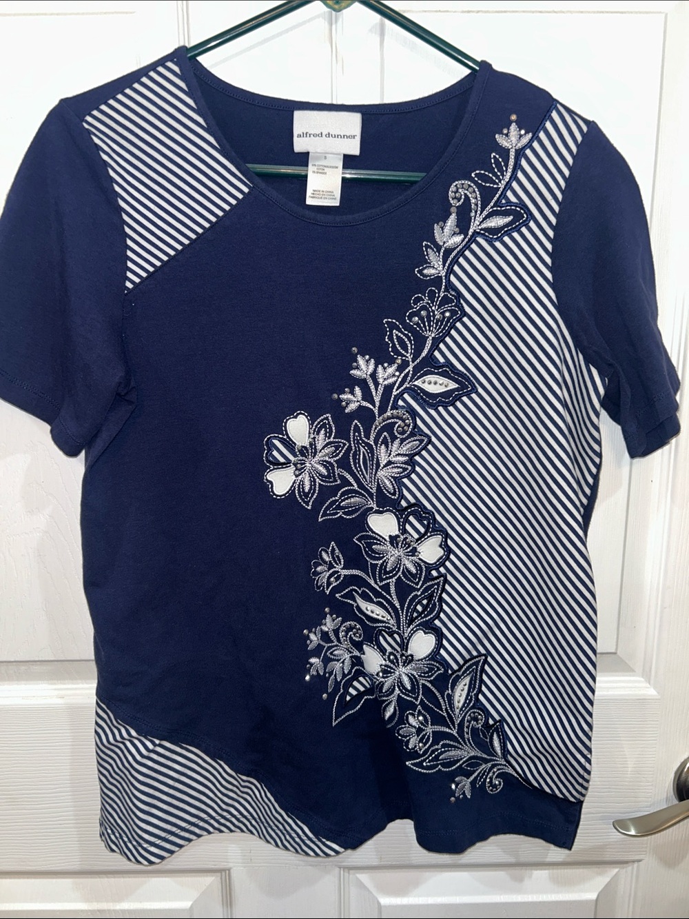 Alfred Dunner Navy and White Floral Embroidered Short-Sleeve Tee